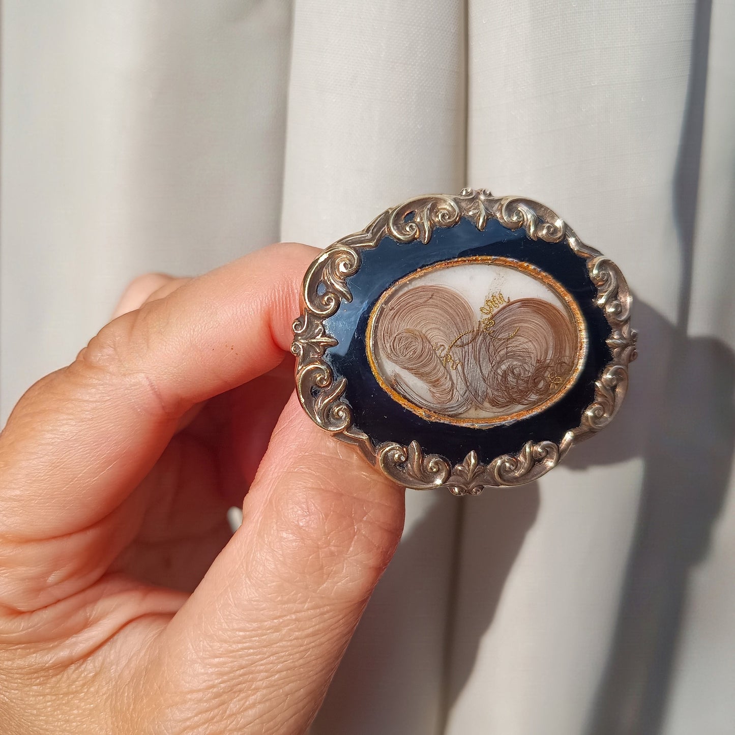 Authentic Victorian Gothic Mourning Brooch c.1860, Pinchbeck & Black Enamel Hairwork Locket
