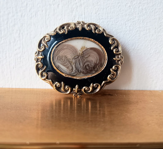 Authentic Victorian Gothic Mourning Brooch c.1860, Pinchbeck & Black Enamel Hairwork Locket