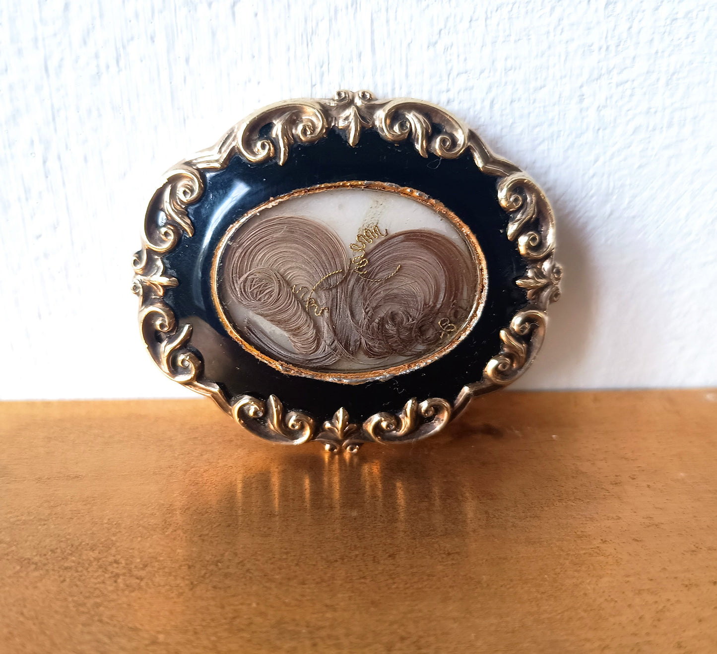 Authentic Victorian Gothic Mourning Brooch c.1860, Pinchbeck & Black Enamel Hairwork Locket