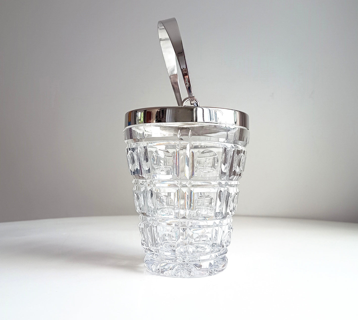 Mid-Century Bistro Ice Bucket, Jean Couzon Rhadango, Silver Plated Block & Lens Cut Crystal