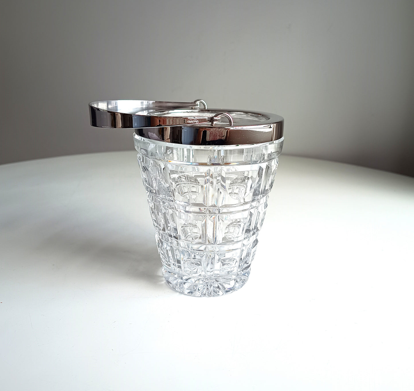 Mid-Century Bistro Ice Bucket, Jean Couzon Rhadango, Silver Plated Block & Lens Cut Crystal