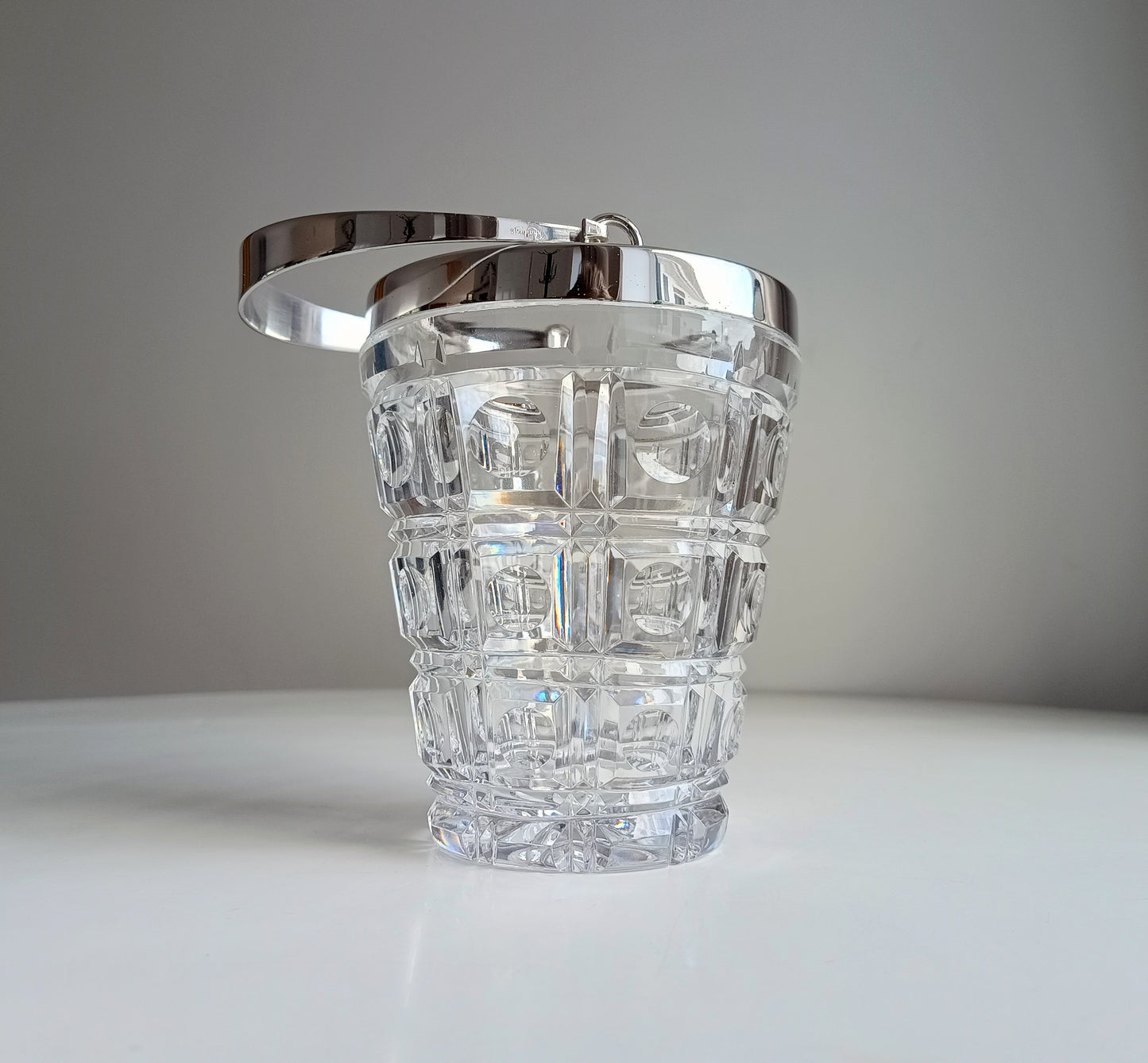 Mid-Century Bistro Ice Bucket, Jean Couzon Rhadango, Silver Plated Block & Lens Cut Crystal