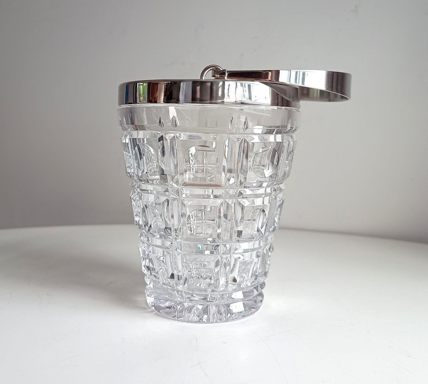 Mid-Century Bistro Ice Bucket, Jean Couzon Rhadango, Silver Plated Block & Lens Cut Crystal
