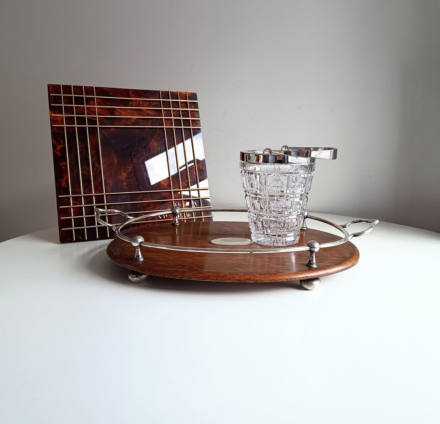 Mid-Century Bistro Ice Bucket, Jean Couzon Rhadango, Silver Plated Block & Lens Cut Crystal