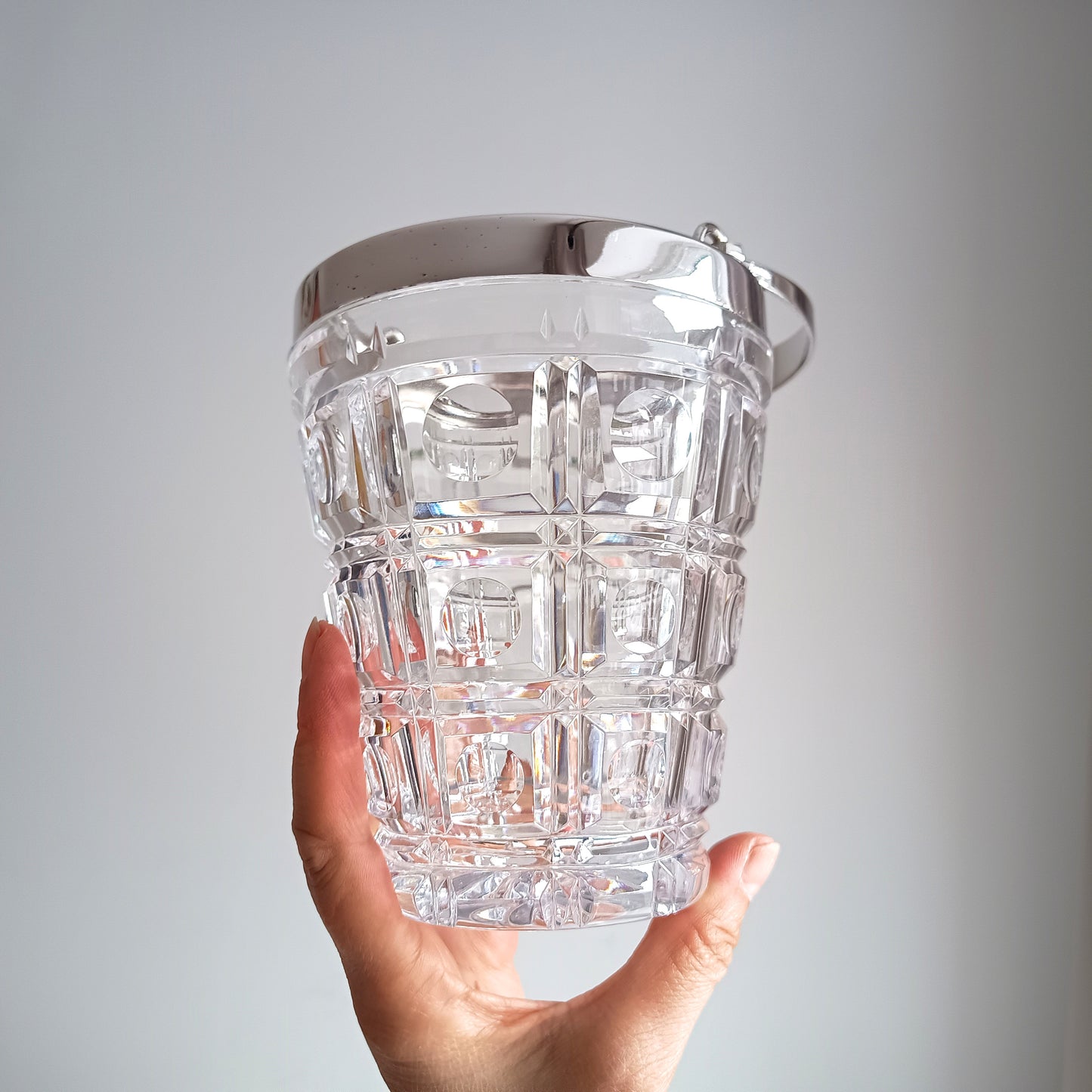 Mid-Century Bistro Ice Bucket, Jean Couzon Rhadango, Silver Plated Block & Lens Cut Crystal