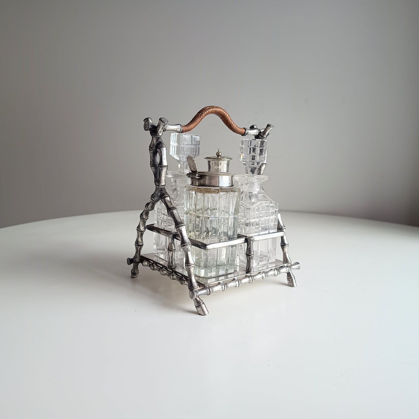 Novelty Victorian Belle Epoque Japonisme Faux Bamboo Cruet Stand cut Crystal Condiment Bottles