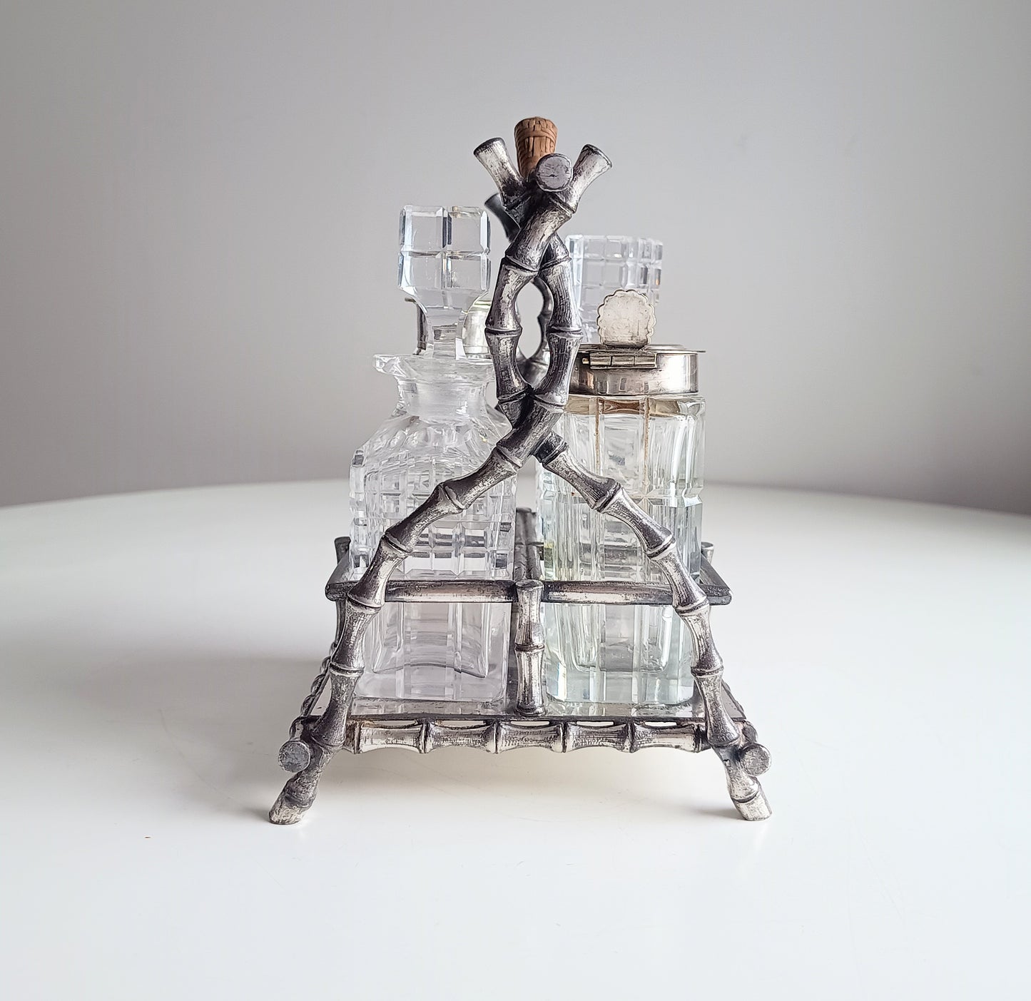 Novelty Victorian Belle Epoque Japonisme Faux Bamboo Cruet Stand cut Crystal Condiment Bottles