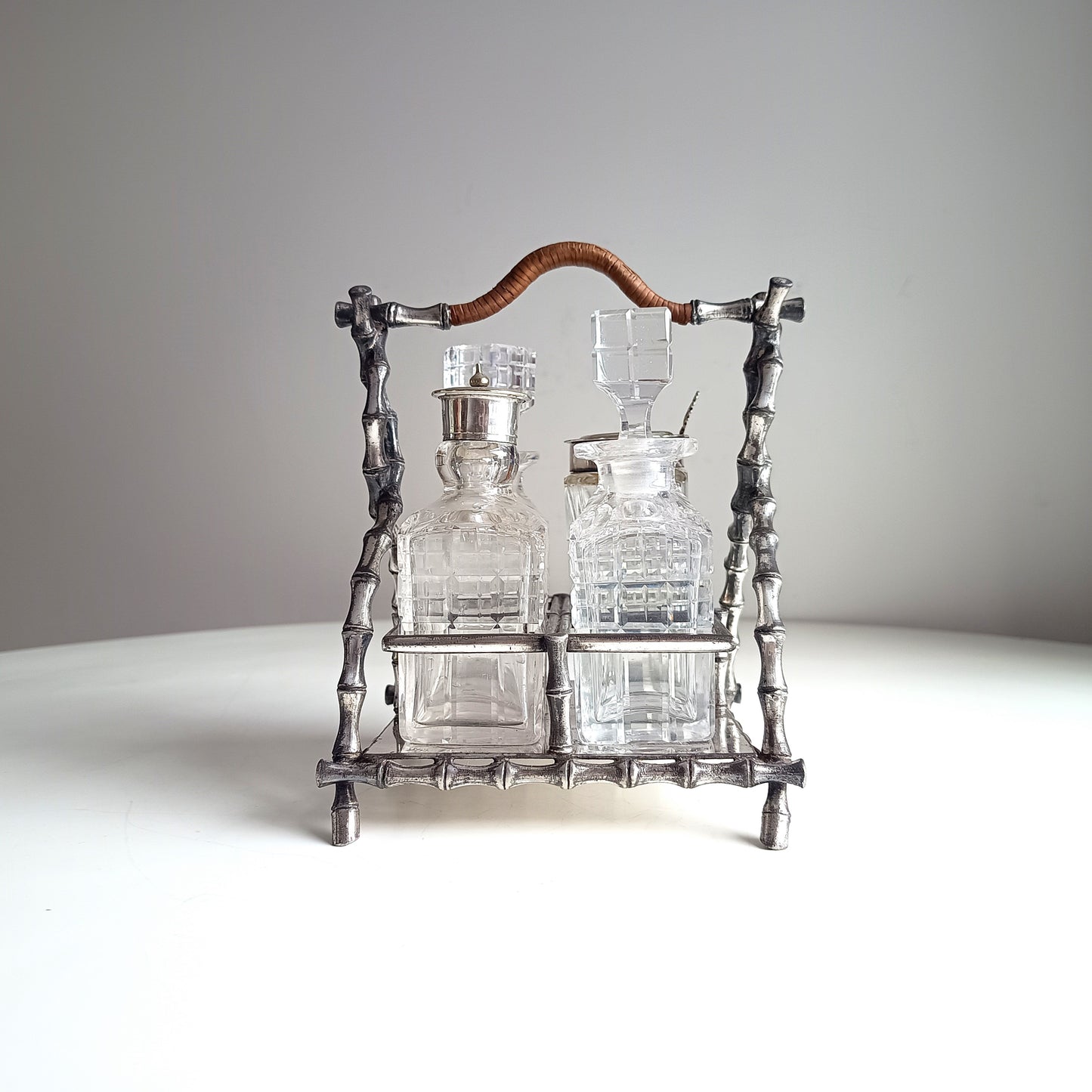 Novelty Victorian Belle Epoque Japonisme Faux Bamboo Cruet Stand cut Crystal Condiment Bottles
