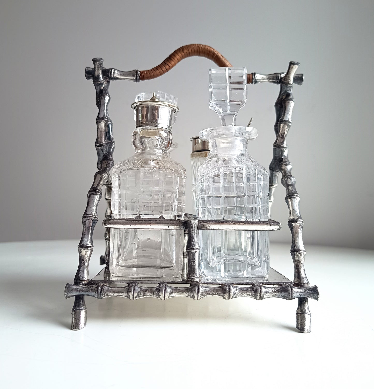 Novelty Victorian Belle Epoque Japonisme Faux Bamboo Cruet Stand cut Crystal Condiment Bottles