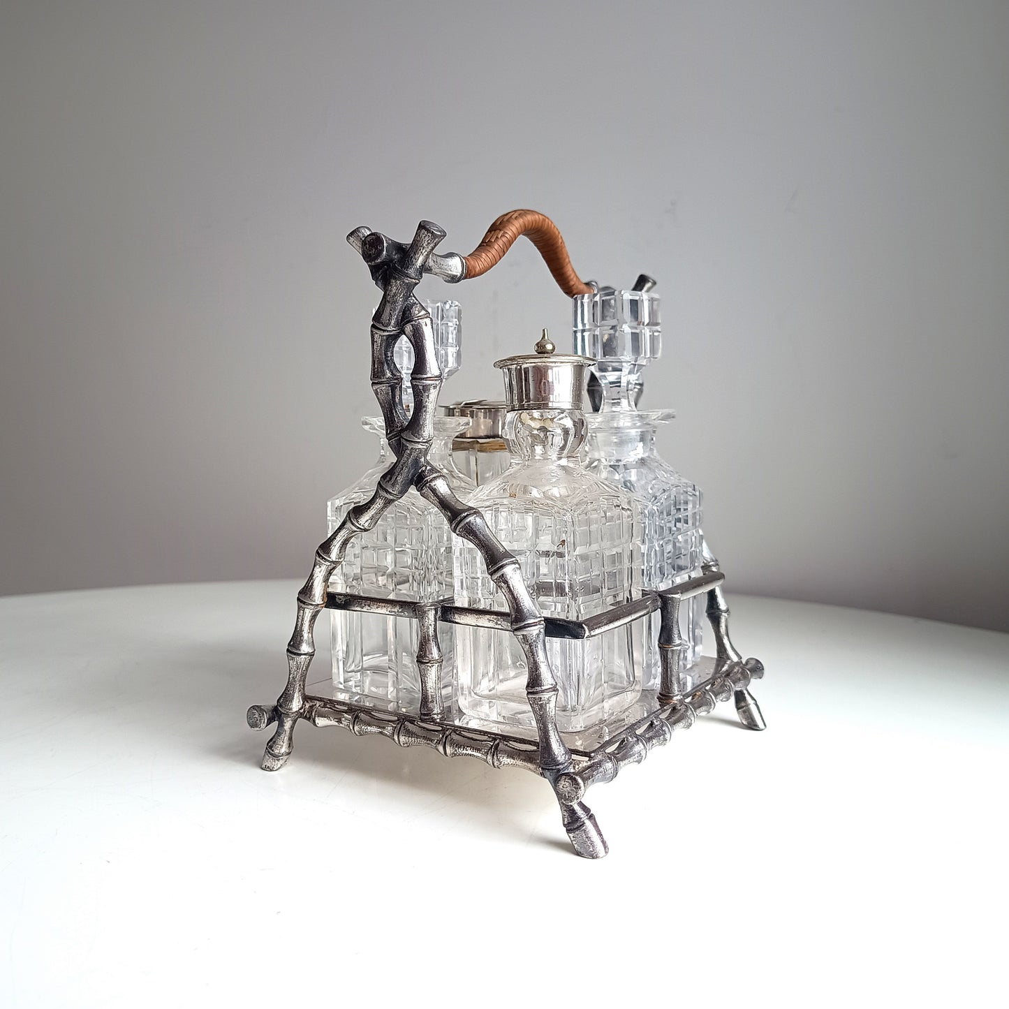 Novelty Victorian Belle Epoque Japonisme Faux Bamboo Cruet Stand cut Crystal Condiment Bottles