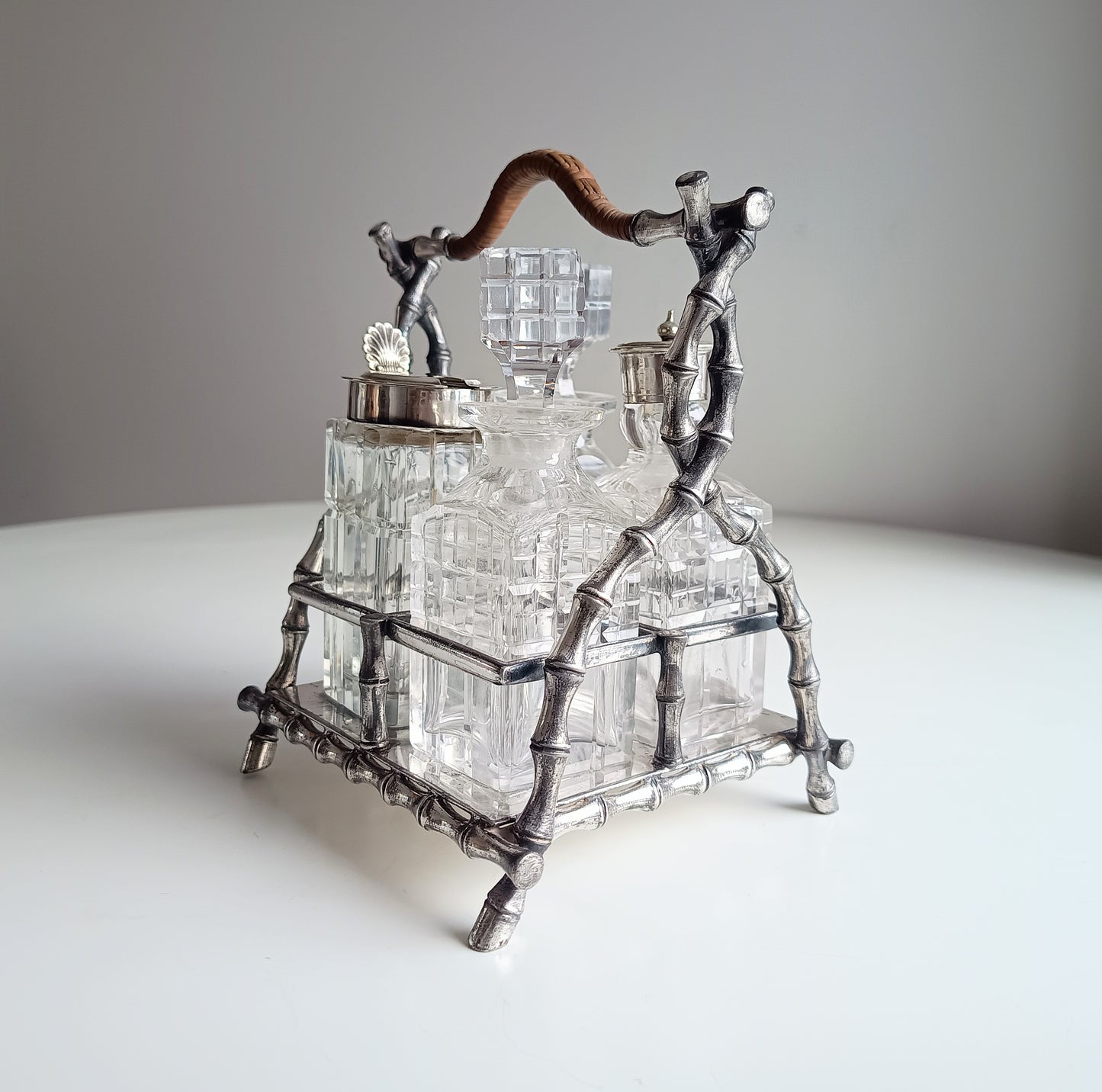 Novelty Victorian Belle Epoque Japonisme Faux Bamboo Cruet Stand cut Crystal Condiment Bottles