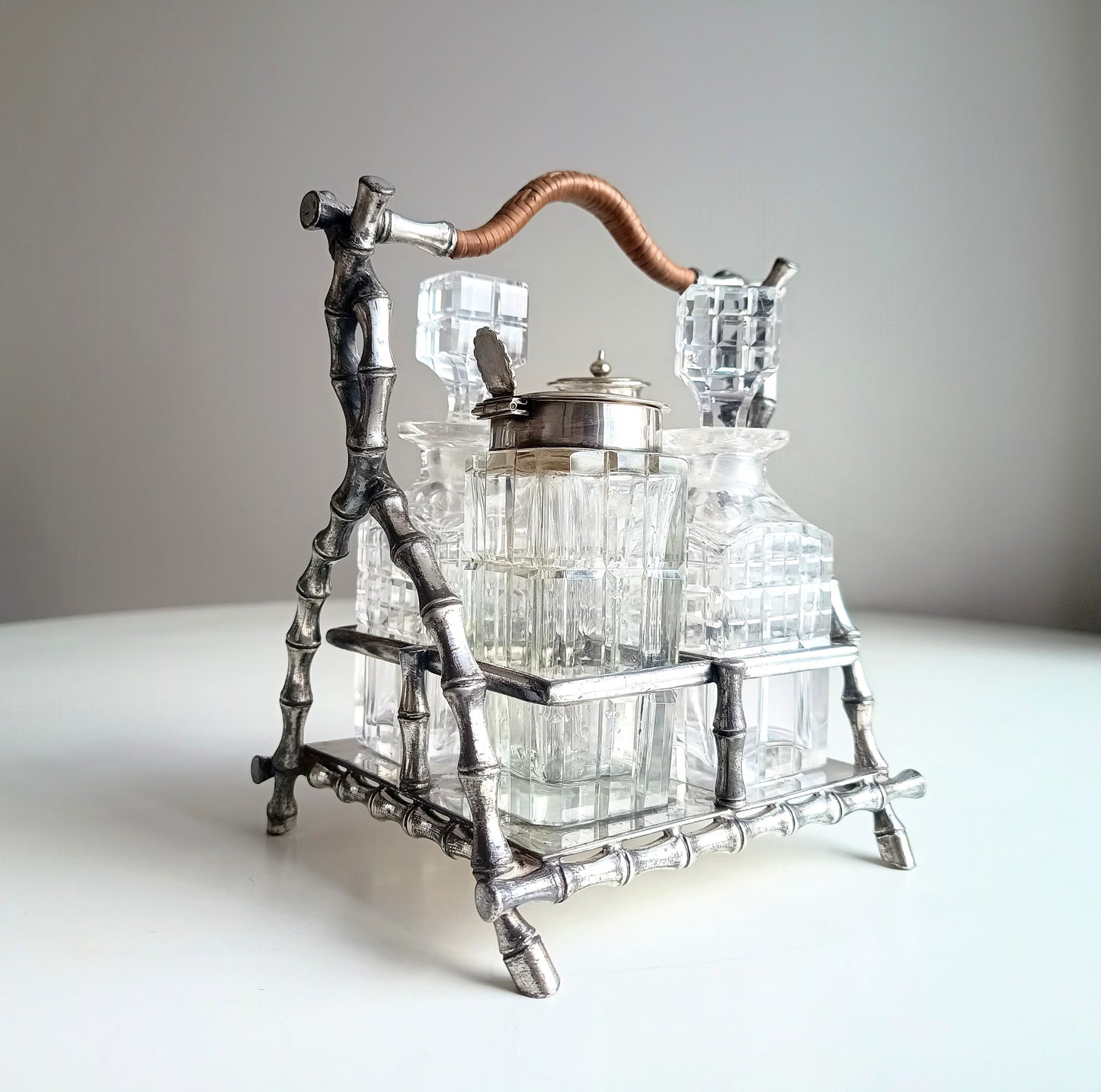 Novelty Victorian Belle Epoque Japonisme Faux Bamboo Cruet Stand cut Crystal Condiment Bottles