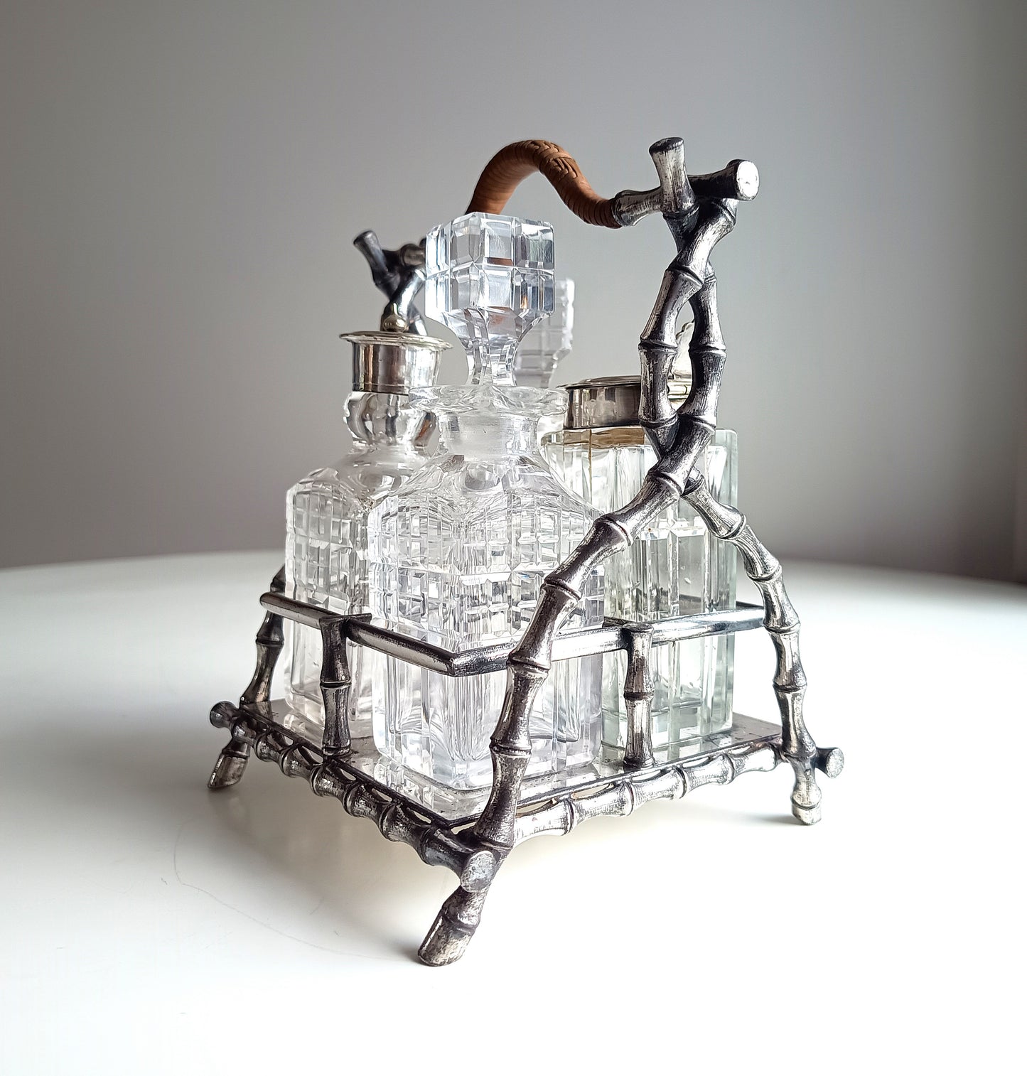 Novelty Victorian Belle Epoque Japonisme Faux Bamboo Cruet Stand cut Crystal Condiment Bottles
