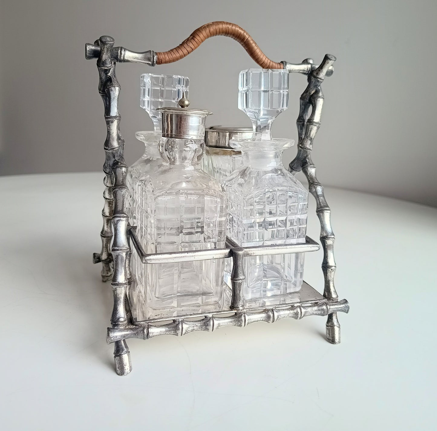 Novelty Victorian Belle Epoque Japonisme Faux Bamboo Cruet Stand cut Crystal Condiment Bottles