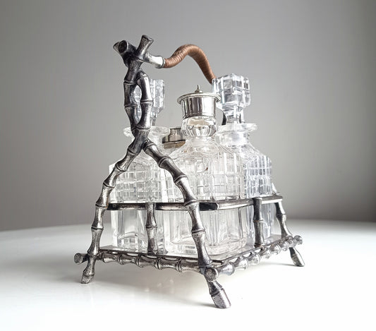 Novelty Victorian Belle Epoque Japonisme Faux Bamboo Cruet Stand cut Crystal Condiment Bottles