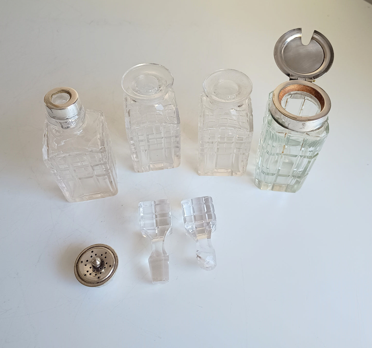 Novelty Victorian Belle Epoque Japonisme Faux Bamboo Cruet Stand cut Crystal Condiment Bottles