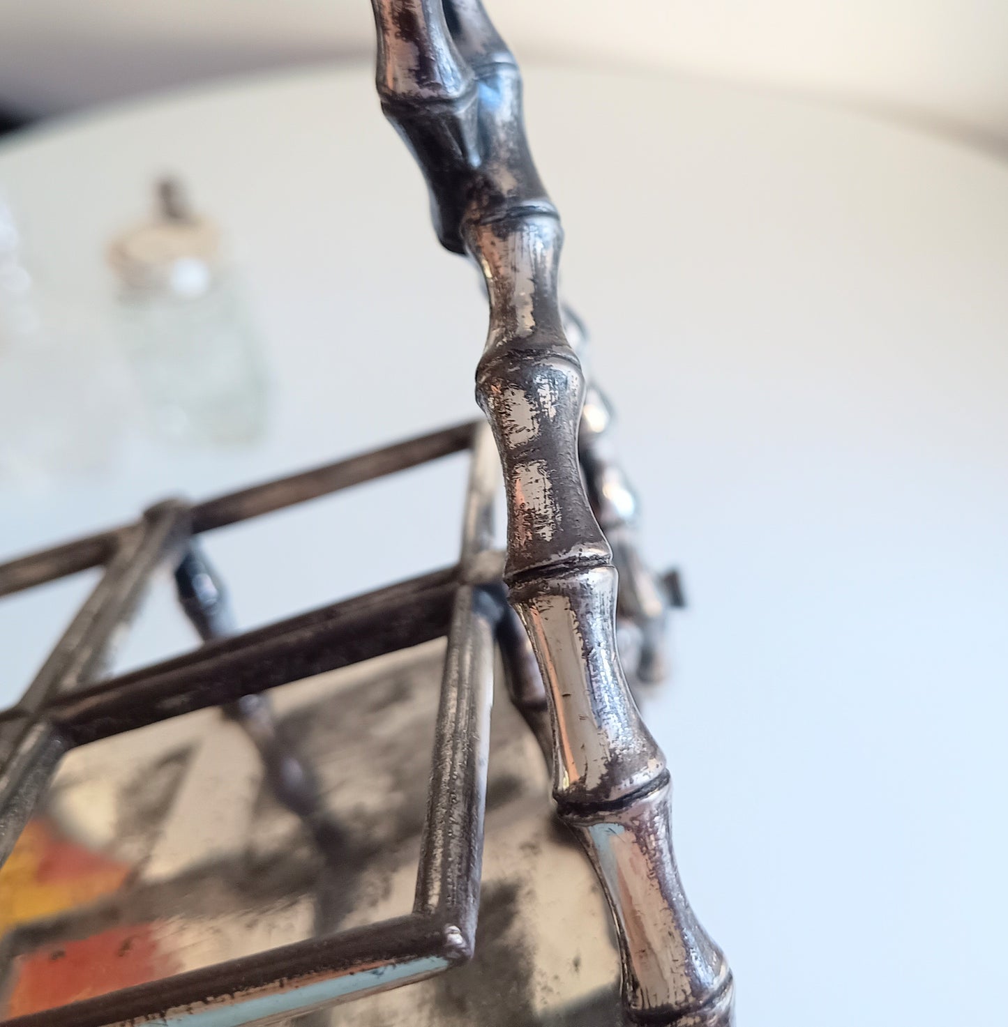 Novelty Victorian Belle Epoque Japonisme Faux Bamboo Cruet Stand cut Crystal Condiment Bottles