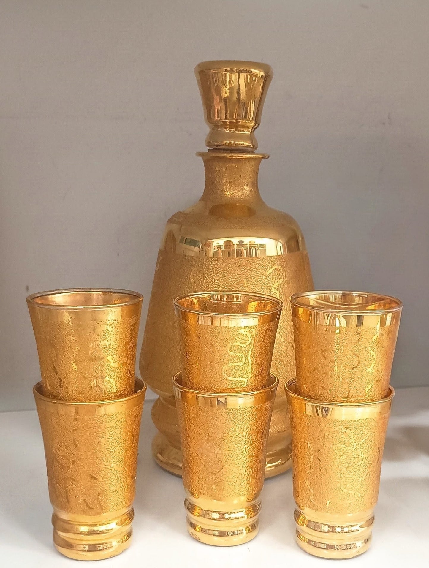 Belgian Laeken Cristal Mid Century Gold Liqueur Vodka Set 6 Shot Glasses, Hollywood Regency