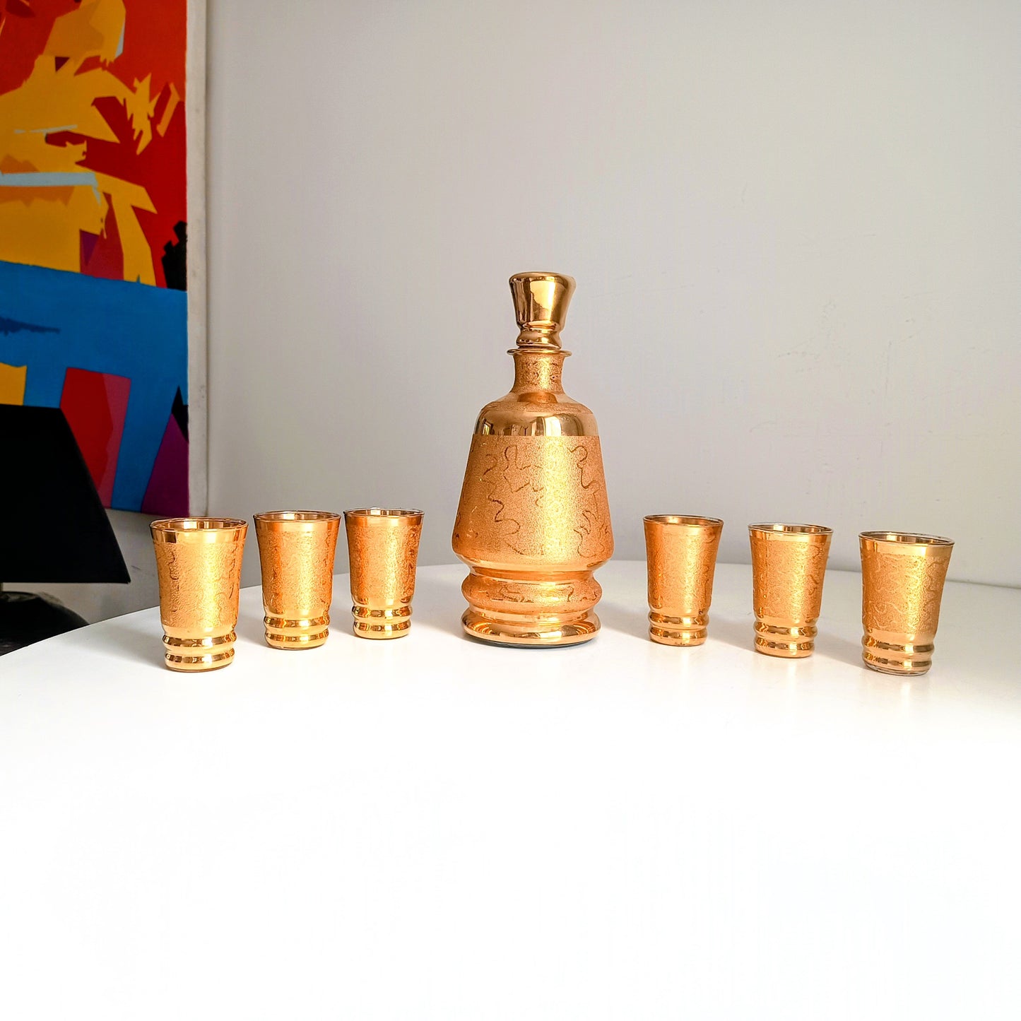 Belgian Laeken Cristal Mid Century Gold Liqueur Vodka Set 6 Shot Glasses, Hollywood Regency