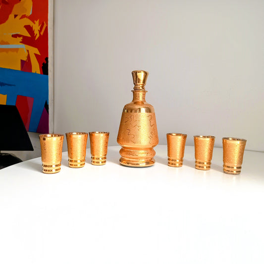 Belgian Laeken Cristal Mid Century Gold Liqueur Vodka Set 6 Shot Glasses, Hollywood Regency