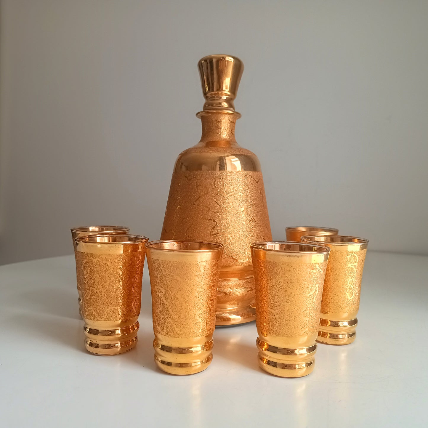 Belgian Laeken Cristal Mid Century Gold Liqueur Vodka Set 6 Shot Glasses, Hollywood Regency