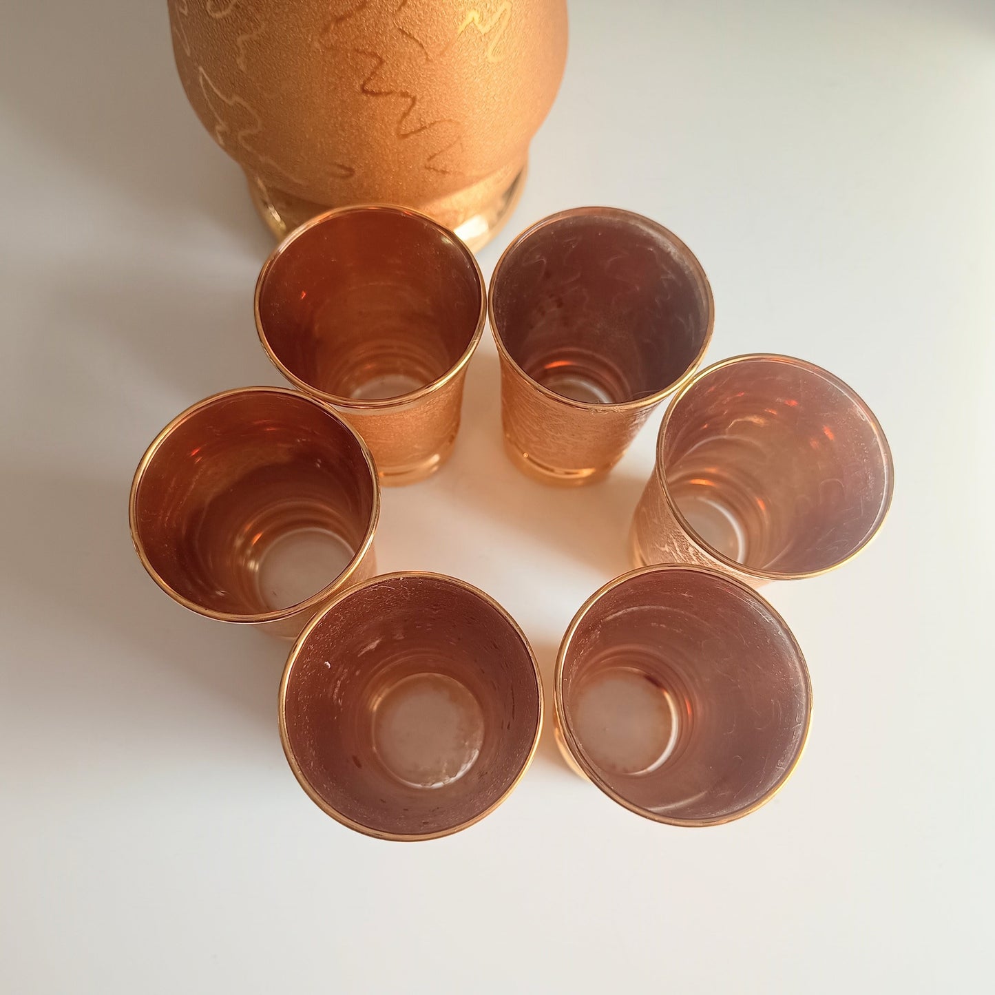 Belgian Laeken Cristal Mid Century Gold Liqueur Vodka Set 6 Shot Glasses, Hollywood Regency