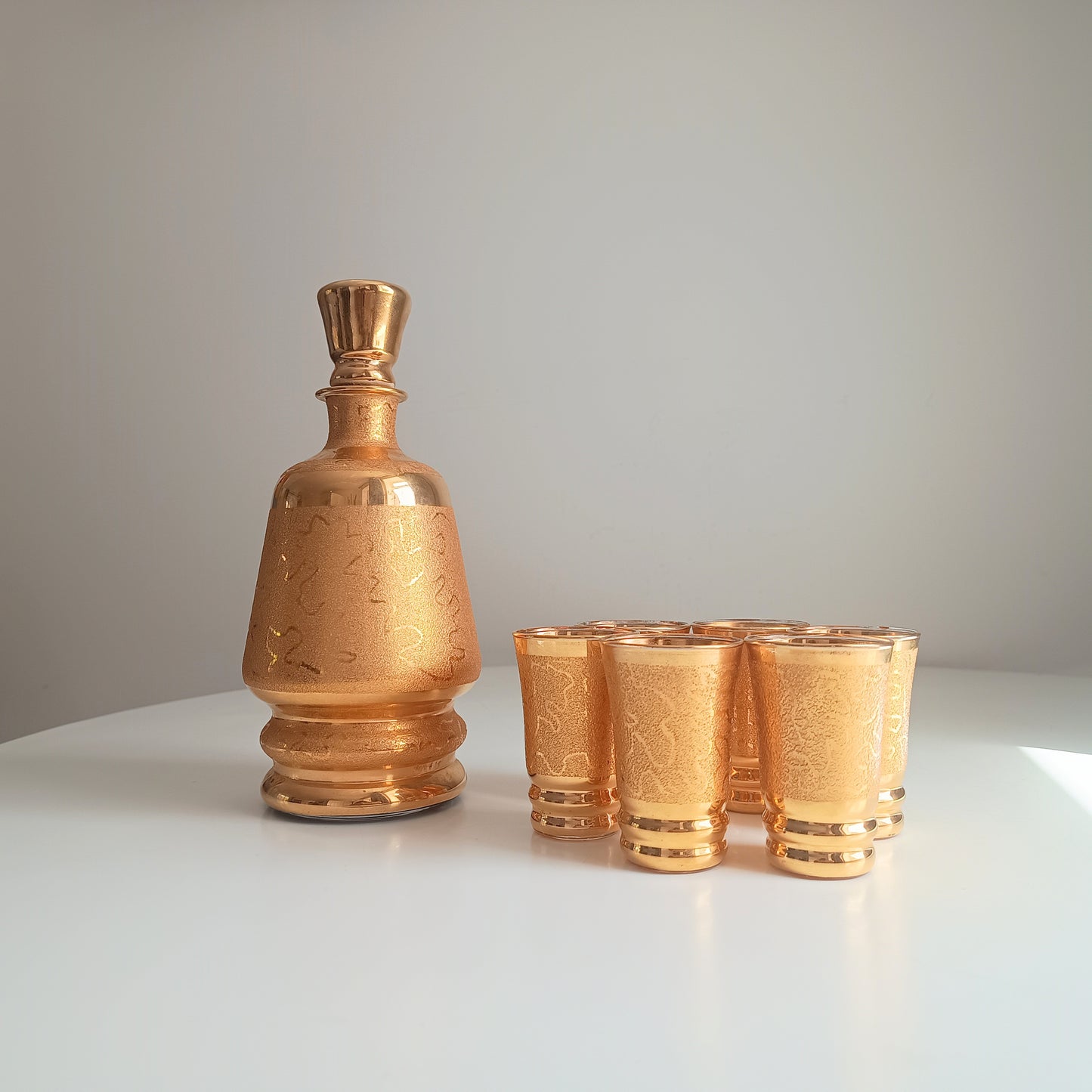 Belgian Laeken Cristal Mid Century Gold Liqueur Vodka Set 6 Shot Glasses, Hollywood Regency