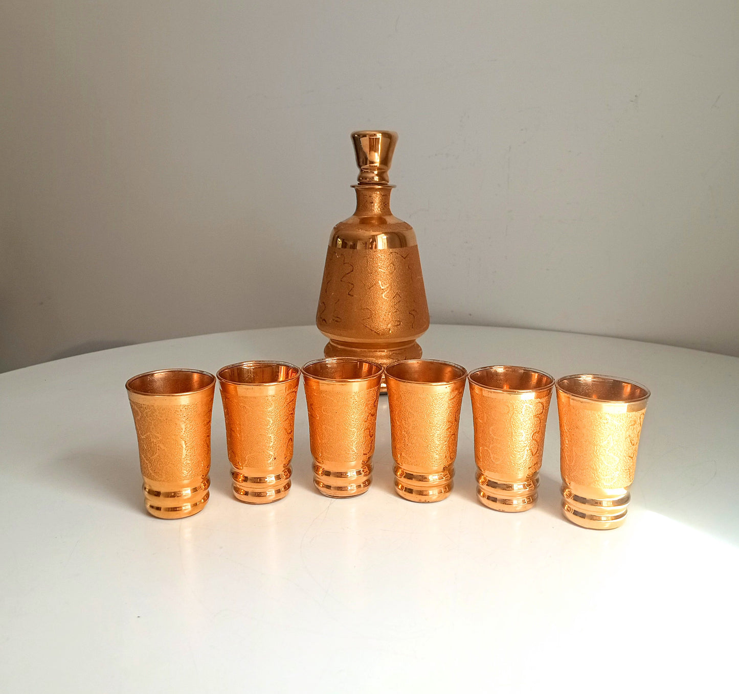 Belgian Laeken Cristal Mid Century Gold Liqueur Vodka Set 6 Shot Glasses, Hollywood Regency