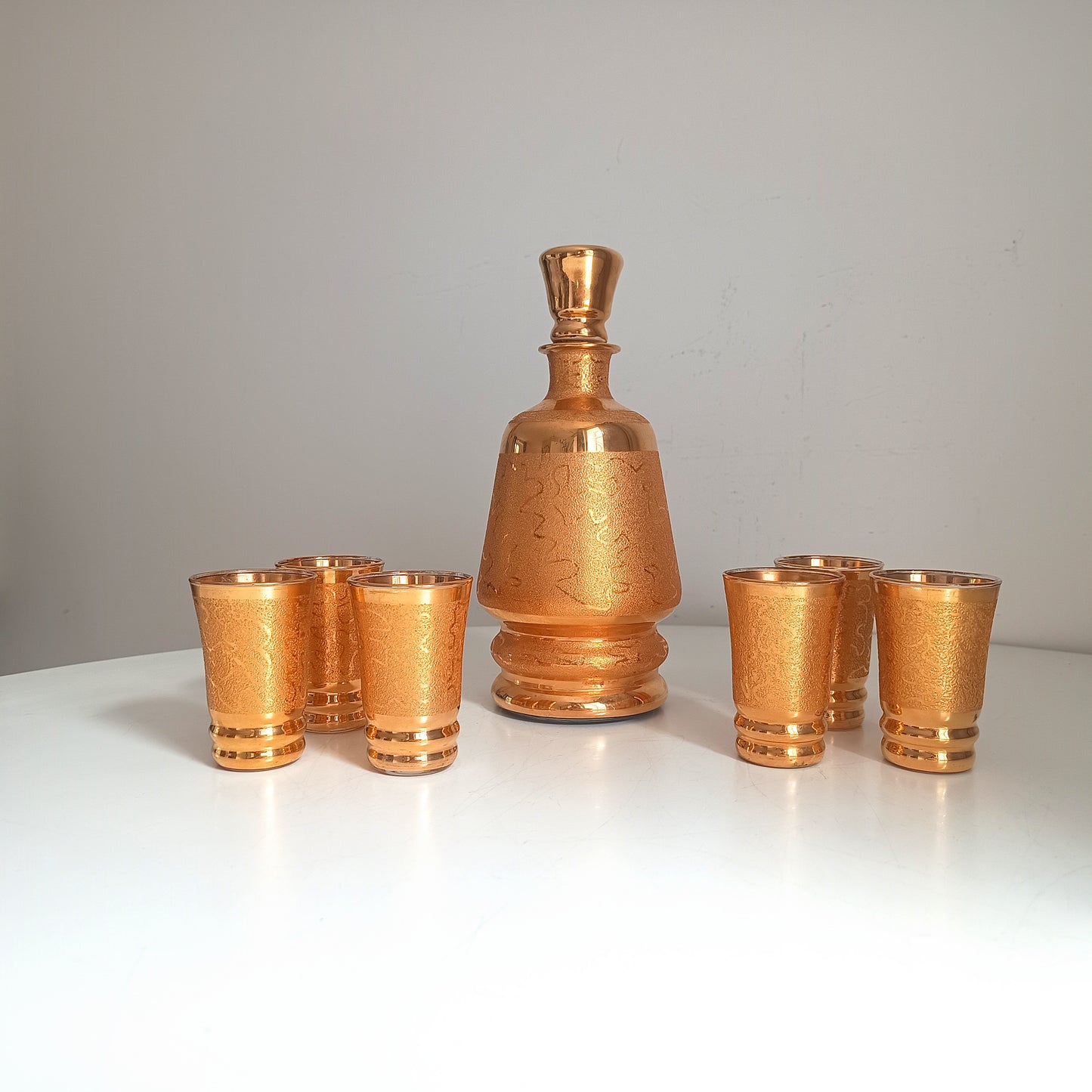 Belgian Laeken Cristal Mid Century Gold Liqueur Vodka Set 6 Shot Glasses, Hollywood Regency
