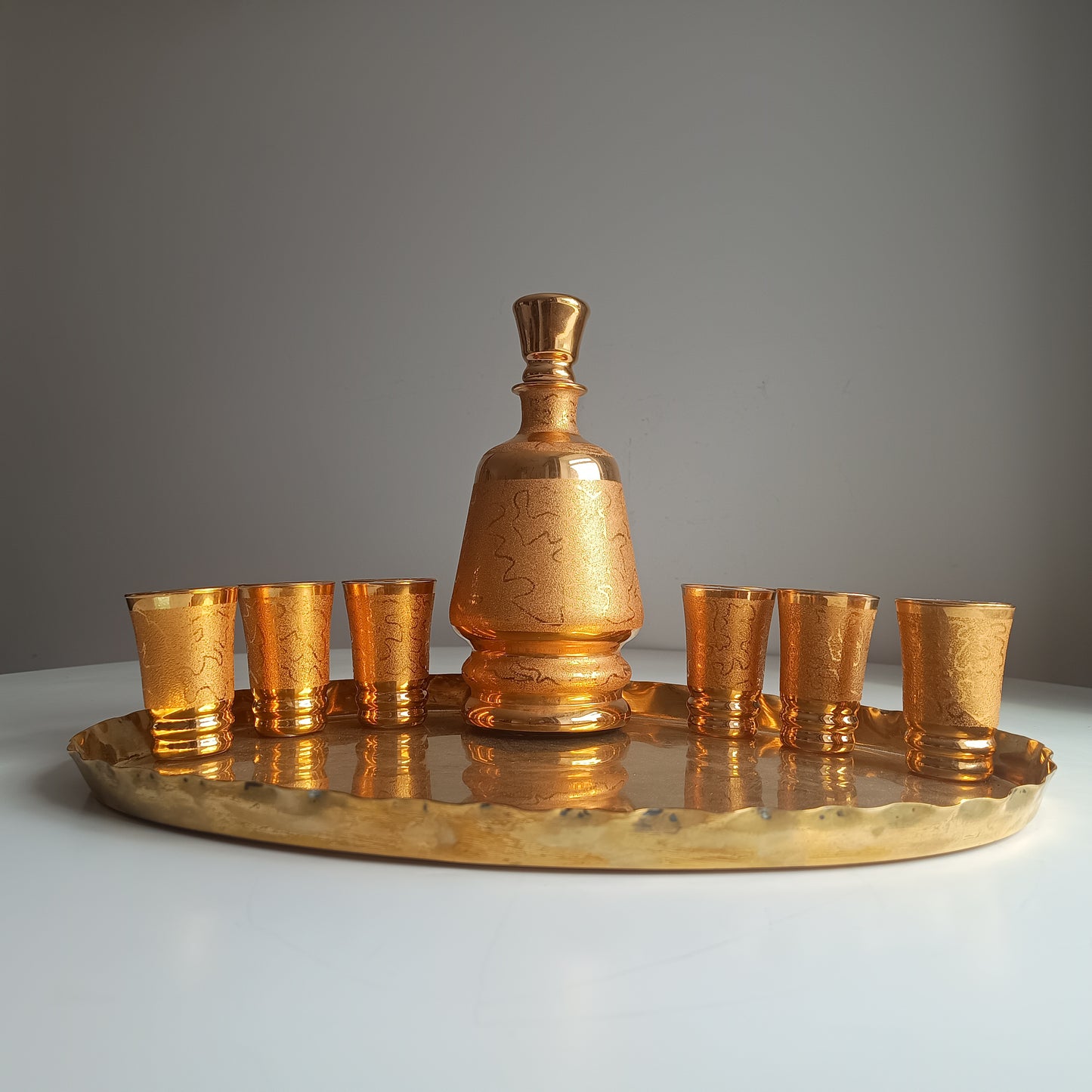 Belgian Laeken Cristal Mid Century Gold Liqueur Vodka Set 6 Shot Glasses, Hollywood Regency