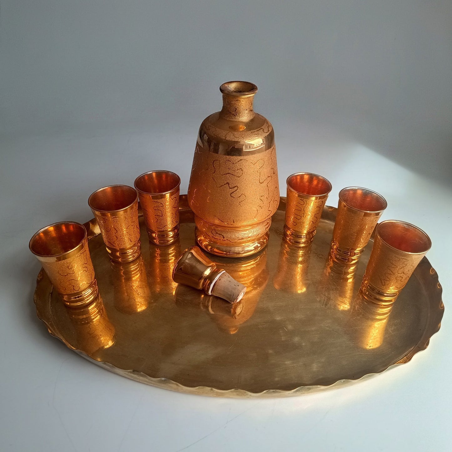 Belgian Laeken Cristal Mid Century Gold Liqueur Vodka Set 6 Shot Glasses, Hollywood Regency