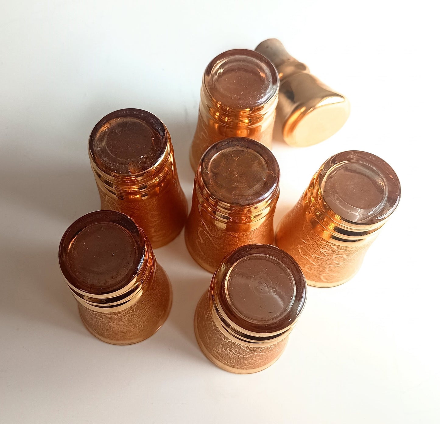 Belgian Laeken Cristal Mid Century Gold Liqueur Vodka Set 6 Shot Glasses, Hollywood Regency