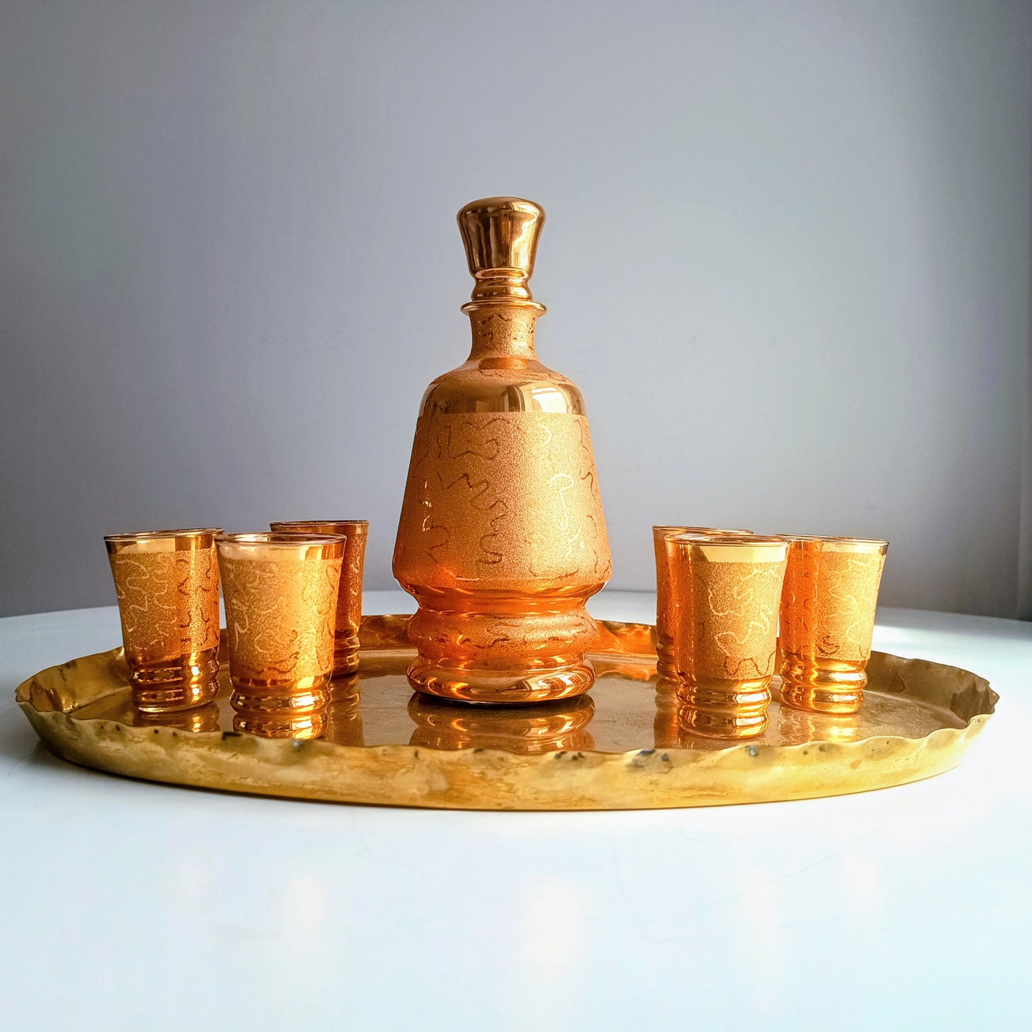 Belgian Laeken Cristal Mid Century Gold Liqueur Vodka Set 6 Shot Glasses, Hollywood Regency
