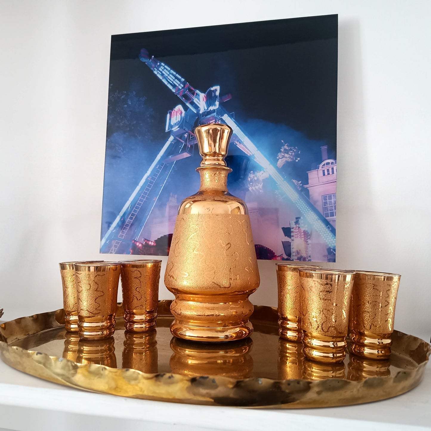 Belgian Laeken Cristal Mid Century Gold Liqueur Vodka Set 6 Shot Glasses, Hollywood Regency