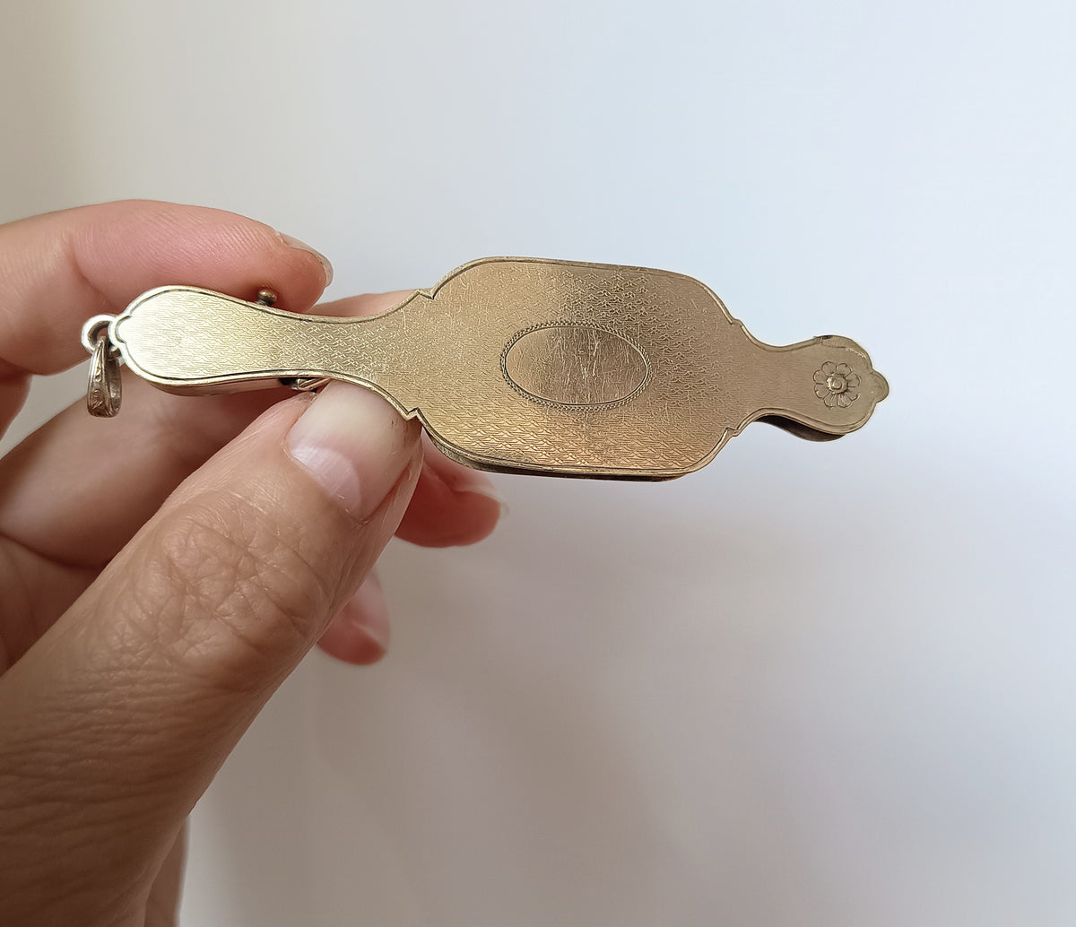 Antique Rolled Gold Guilloché Lorgnette Pendant, Chatelaine Push Button Pop Out Opera Glasses