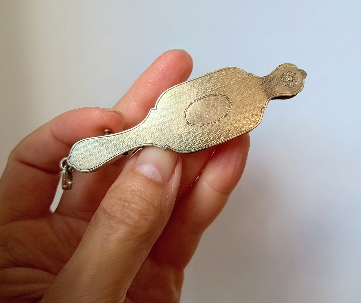 Antique Rolled Gold Guilloché Lorgnette Pendant, Chatelaine Push Button Pop Out Opera Glasses