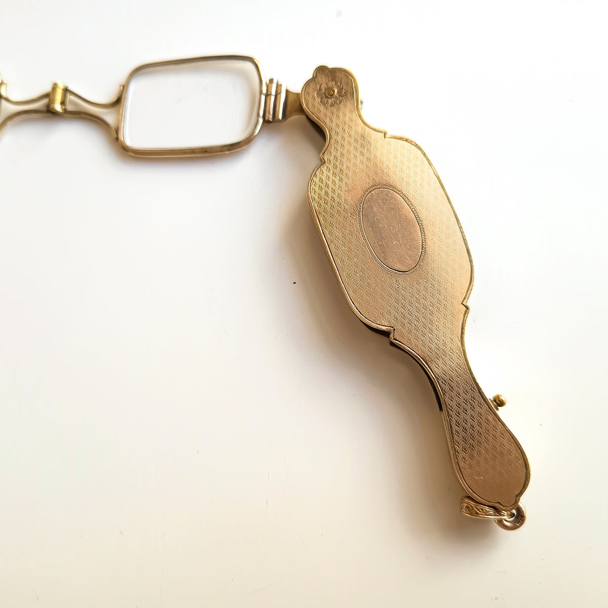 Antique Rolled Gold Guilloché Lorgnette Pendant, Chatelaine Push Button Pop Out Opera Glasses