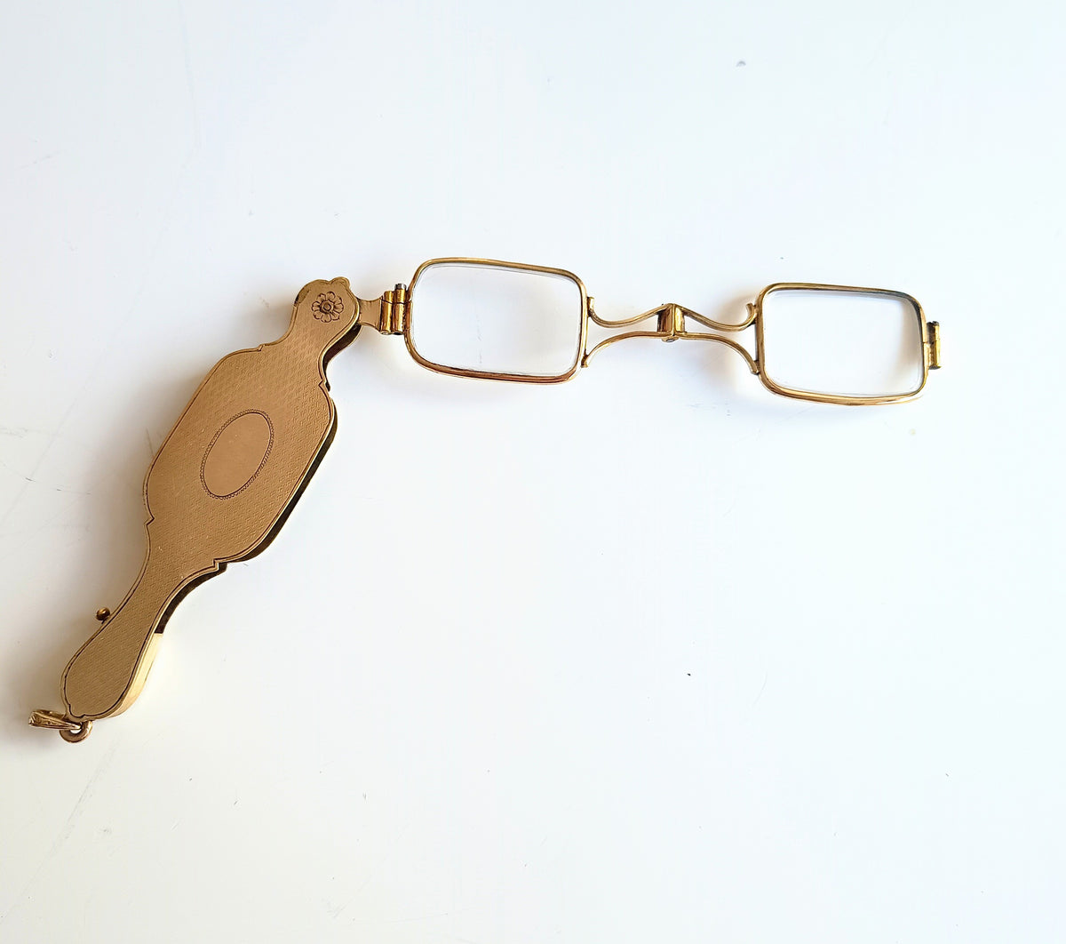 Antique Rolled Gold Guilloché Lorgnette Pendant, Chatelaine Push Button Pop Out Opera Glasses