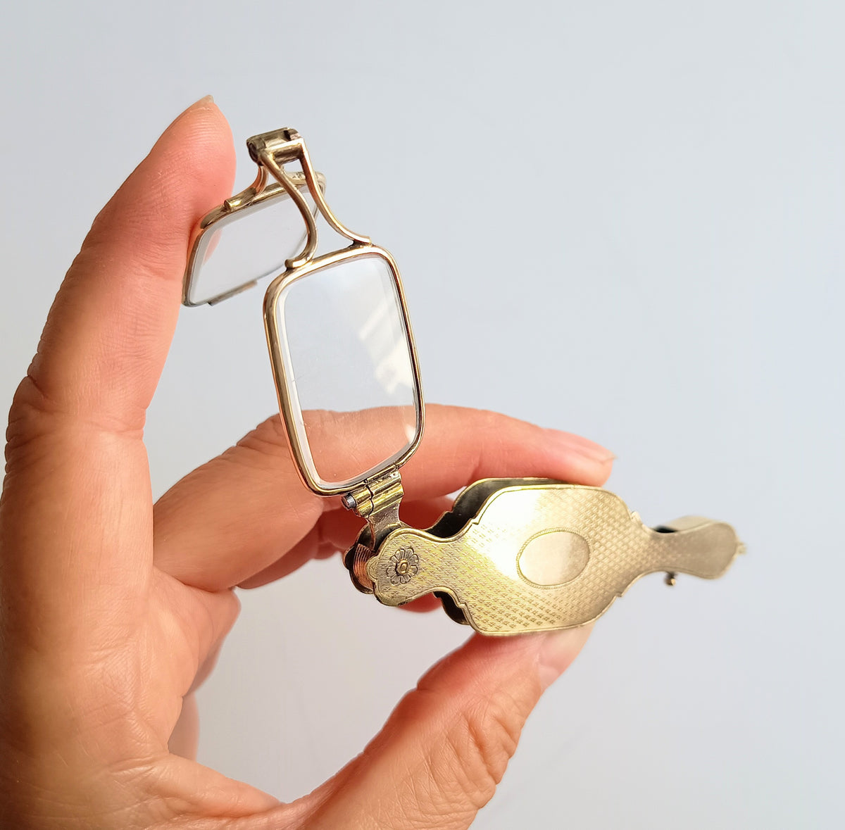 Antique Rolled Gold Guilloché Lorgnette Pendant, Chatelaine Push Button Pop Out Opera Glasses
