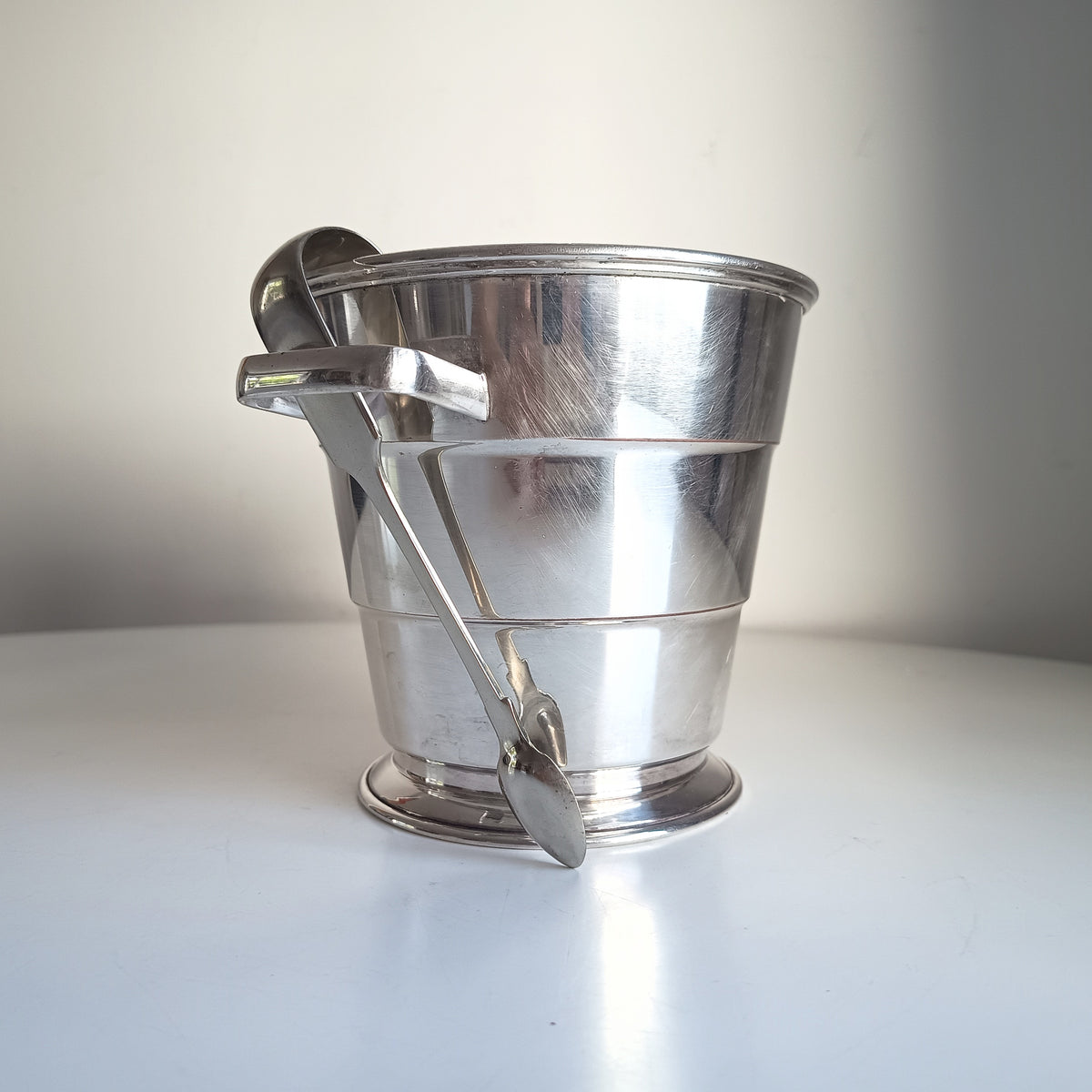 Vintage Art Deco English Silver Plate  Wine Bottle Cooler Ice Bucket; Claw Ice Tongs