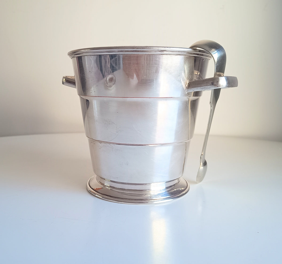 Vintage Art Deco English Silver Plate  Wine Bottle Cooler Ice Bucket; Claw Ice Tongs
