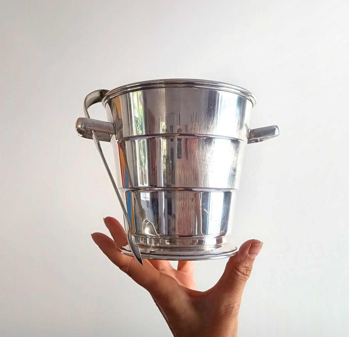 Vintage Art Deco English Silver Plate  Wine Bottle Cooler Ice Bucket; Claw Ice Tongs