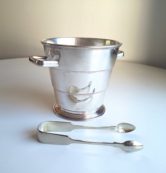 Vintage Art Deco English Silver Plate  Wine Bottle Cooler Ice Bucket; Claw Ice Tongs