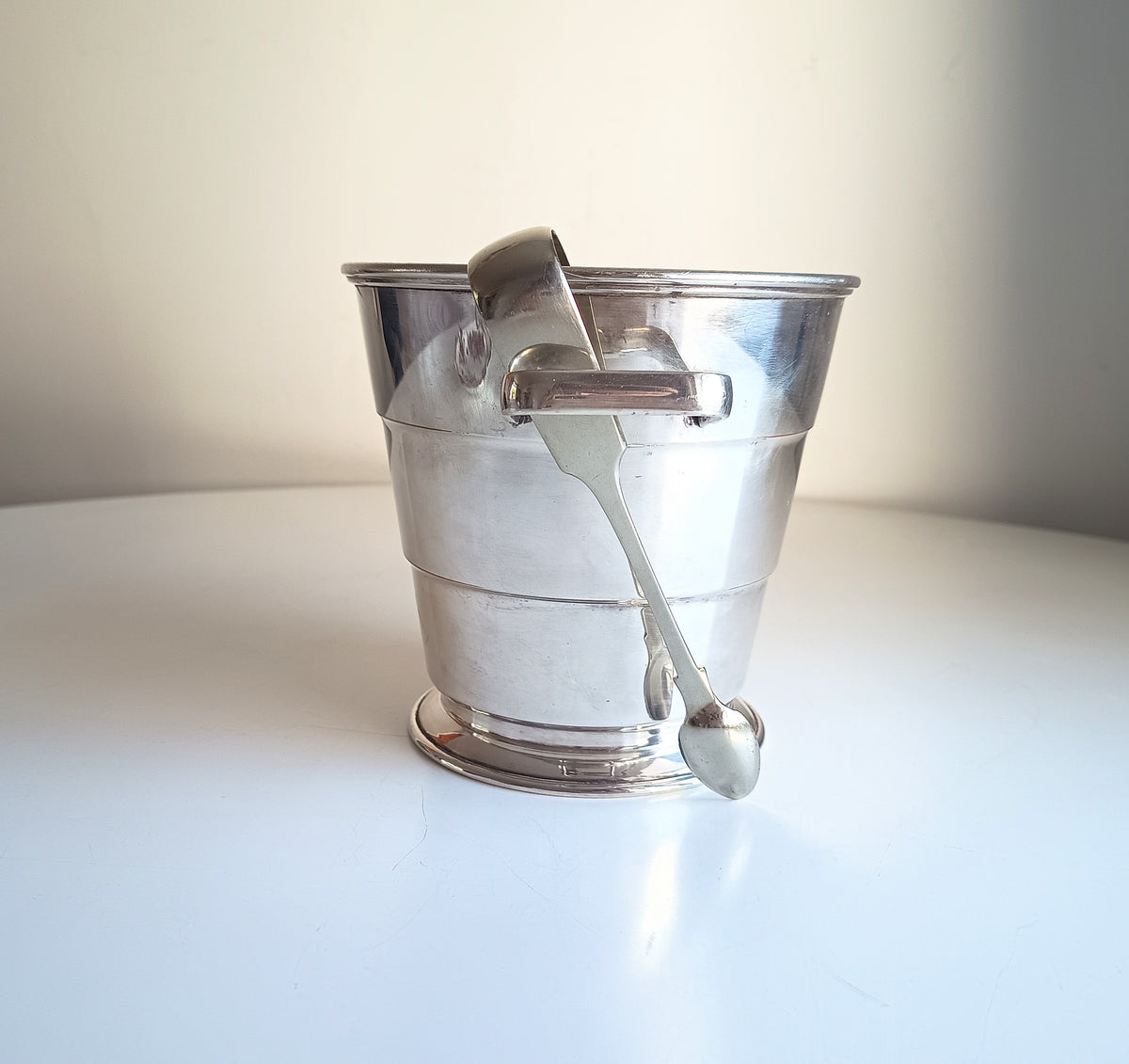 Vintage Art Deco English Silver Plate  Wine Bottle Cooler Ice Bucket; Claw Ice Tongs