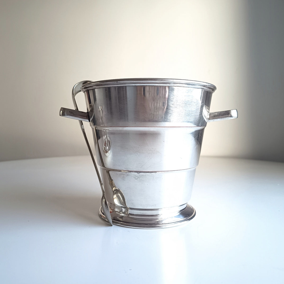 Vintage Art Deco English Silver Plate  Wine Bottle Cooler Ice Bucket; Claw Ice Tongs