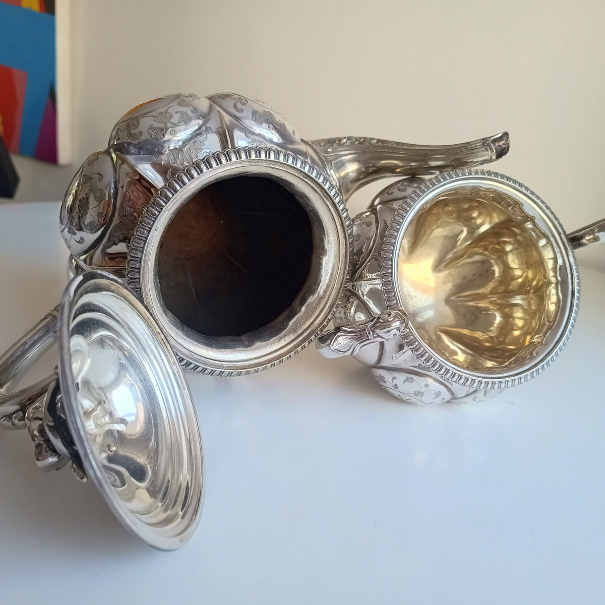 Antique W & G Sissons Silver Plated Teapot Biscuits / Sugar Bowl, Melon Shape, Pheasant Crest