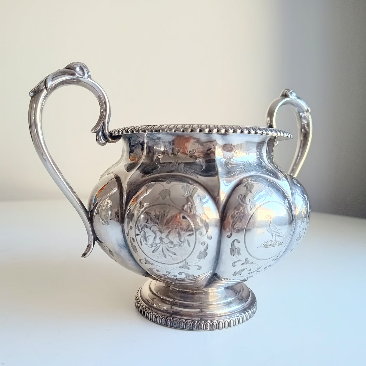 Antique W & G Sissons Silver Plated Teapot Biscuits / Sugar Bowl, Melon Shape, Pheasant Crest