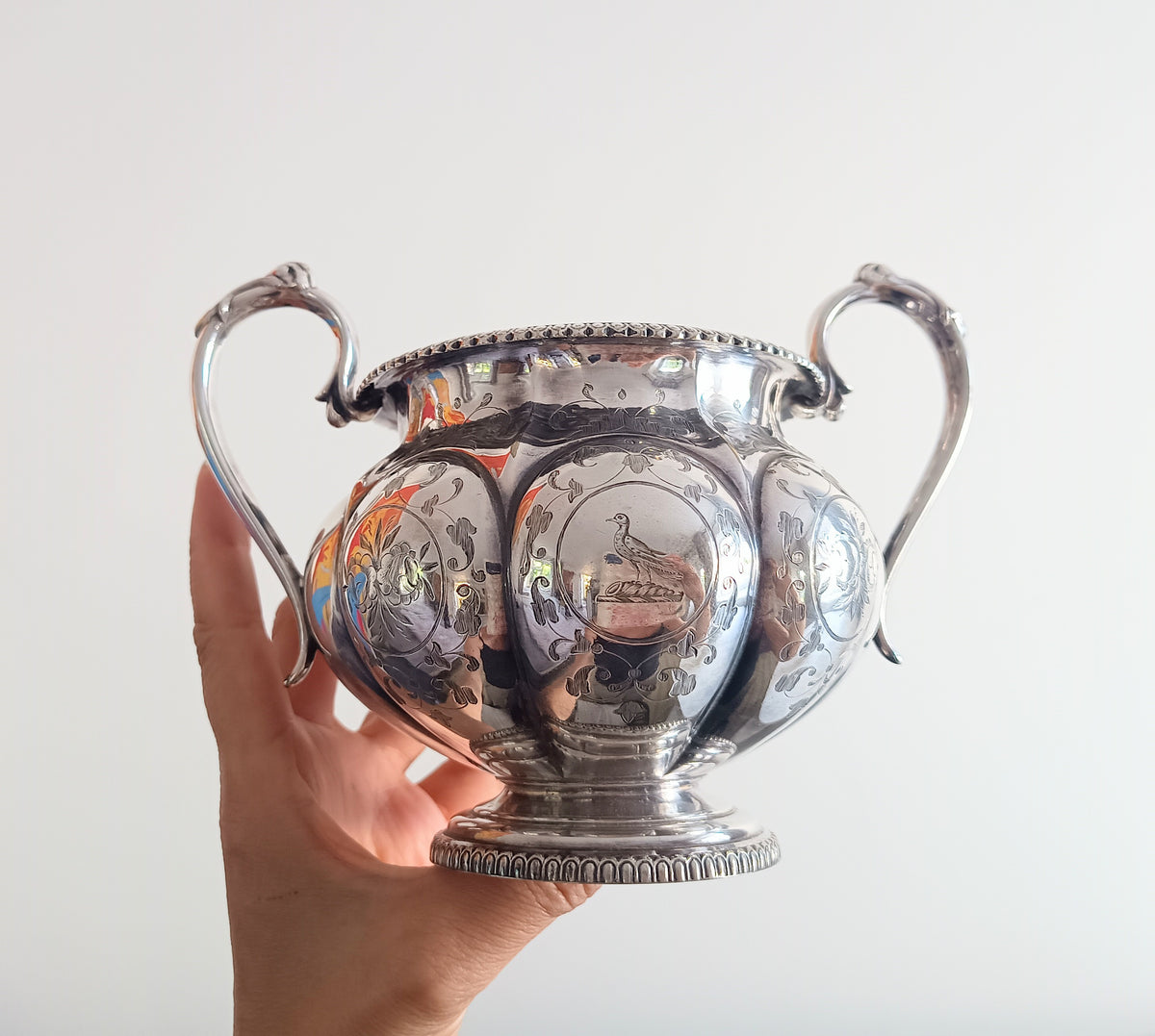 Antique W & G Sissons Silver Plated Teapot Biscuits / Sugar Bowl, Melon Shape, Pheasant Crest
