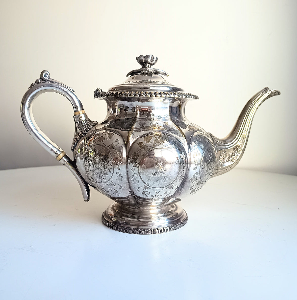 Antique W & G Sissons Silver Plated Teapot Biscuits / Sugar Bowl, Melon Shape, Pheasant Crest
