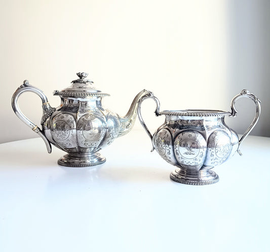 Antique W & G Sissons Silver Plated Teapot Biscuits / Sugar Bowl, Melon Shape, Pheasant Crest